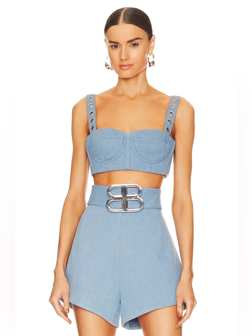 BRONX and BANCO • Matching Set Capri Blue Denim Bralette and Belted Shorts